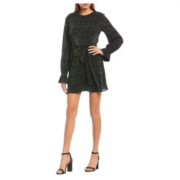 Gianni Bini | NWT Mica Tie Front Black Green Textured Long Sleeve Mini Dress - Picture 1 of 12